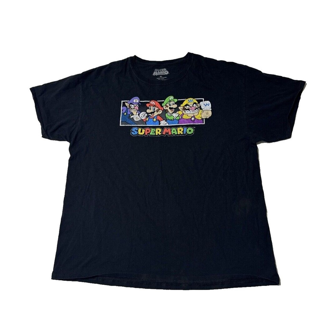 Super Mario Shirt Adult Mens X-Large Black Box Logo Spell Out Short Sleeve